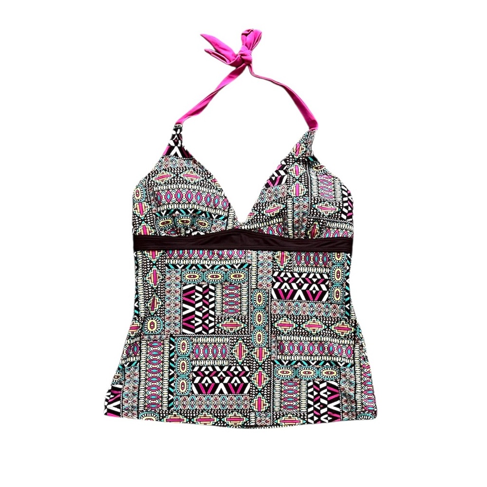Prana Multicolored Tribal Print Tankini Top with Pink Straps Brown Size Medium